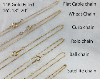 Gold Filled Finished Chains Necklaces, Satellite Ball Chain, Rolo Chain, Singapore Chain, Cable Chain, Wheat Chain, Curb Chain, Ball Chain