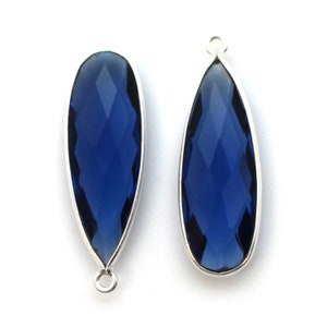 Bezel Gemstone Pendant-Jewelry Findings-Sterling Silver Charm-Blue Iolite Quartz-Long Teardrop Shape -34 by 11mm -2 pcs- SKU: 201113-BIOQ