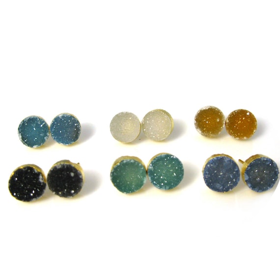 Round Druzy Gemstone Earring Studs With Gold Dipped Sides, 10mm