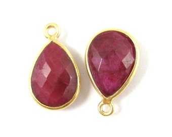 Bezel Pendant- Ruby Dyed-Small Teardrop Gemstone Pendant-22K Gold plated Vermeil Bezel Gemstone Pendant-10 by 14mm-(2 pcs)-SKU: 201107-RUB