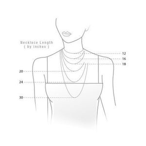 May include: Diagram showing different necklace lengths in inches, from 12 to 30 inches. The necklace lengths are marked on a drawing of a person wearing a variety of necklaces.