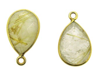 Bezel Pendant-Gold Rutilated Quartz-22K Gold plated Vermeil Small Teardrop Bezel Gemstone Pendant-10 x 14mm-2 pcs-SKU: 201107-GRQ