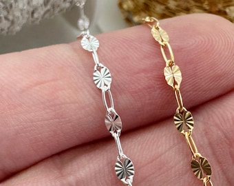 Cadena de clip con diseño de rayos de sol, chapada en oro o plata de ley, cadena al por mayor por pie, cadena de joyería permanente, suministro para joyería, cadena texturizada