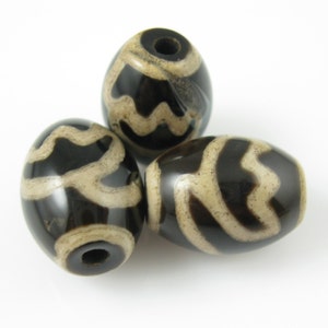 Carnelian dZi bead - Oval Shape Lotus Body - Black- Glossy -- 16mm by 12 mm ( 3 pcs) - SKU: 302109