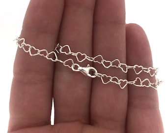 925 Sterling Silver 5mm Heart Link Chain-Charm Bracelet or Necklace-Heart Chain Jewelry-Anklet-Finished Chain-Ready For Pendants-7" to 36"
