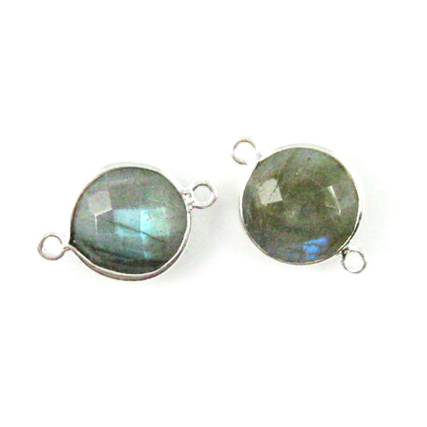 Gemstone Connectors,Links,Bezel Gem Connectors - Sterling Silver - Labradorite-Coin Shape Links(12mm-2pcs)-SKU: 209110-LAB