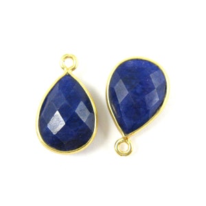Bezel Pendant-Blue Sapphire Dyed-Small Teardrop Gemstone Pendant-22K Gold plated Vermeil Bezel Gemstone Pendant-10x14mm-2 pcs-SKU:201107-BSH