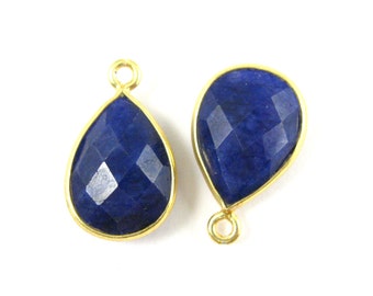 Bezel Pendant-Blue Sapphire Dyed-Small Teardrop Gemstone Pendant-22K Gold plated Vermeil Bezel Gemstone Pendant-10x14mm-2 pcs-SKU:201107-BSH