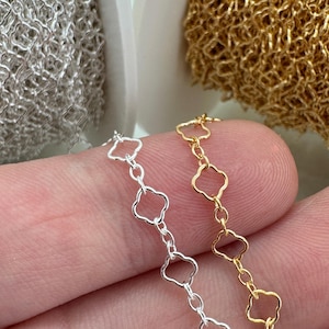 Puede incluir: Dos hebras de cadena, una plateada y otra dorada, con un diseño de eslabón en forma de trébol. Las cadenas se muestran en un dedo.