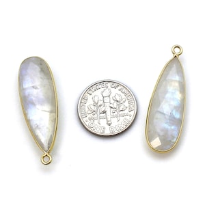 Bezel Pendant,Gemstone Pendant-Vermeil Charm-Gold over Gemstone Charm Pendant-Rainbow Moonstone-Elongated Teardrop-34mm-2 pcs-SKU:201105-MST