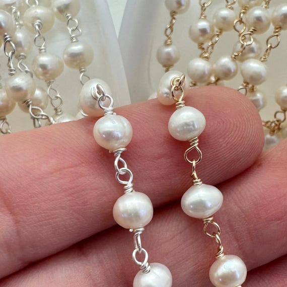 14K Gold Filled or Sterling Silver Wire Wrapped 4-5mm Freshwater Pearl Rosary Chain-Bulk Chain By The Foot-Permanent Jewelry Making Chain