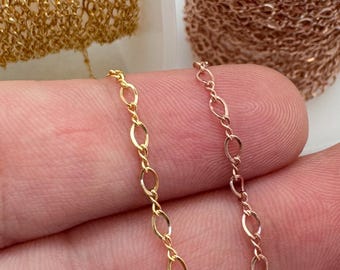 May include: Two strands of chain, one gold and one rose gold, are shown on a finger. The chains are both oval link chains.