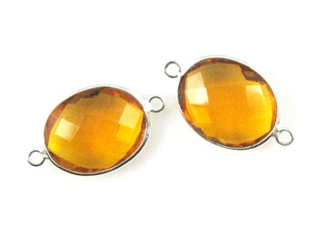 Bezel Connectors, Gemstone Connectors-Sterling Silver-Citrine Quartz-Oval Shape Links-14x18mm (2pcs)-SKU: 209111-CTQ