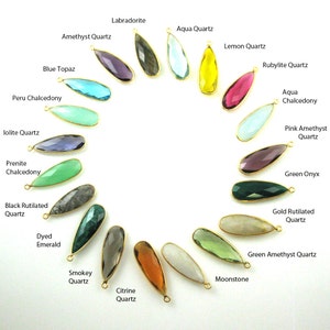 Bezel Pendant,Gemstone Pendant-Gold over Sterling Silver Gemstone Charm -Bezel Set Elongated Teardrop, Wholesale- 34mm-(1 pc)-SKU: 201105