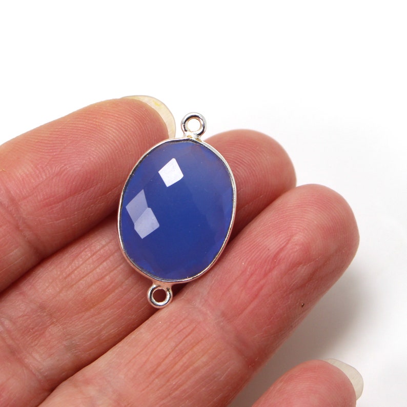 Bezel Connectors,Gemstone Connectors, Links Sterling Silver-Gemstone Connector, Faceted Oval Shape Connector-10x14mm-2 pcs SKU: 209111 Blue Chalcedony