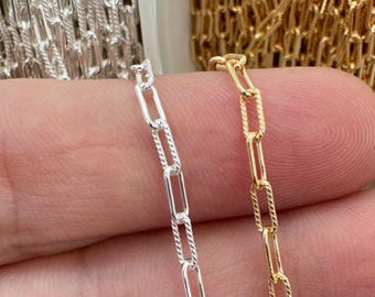 Cadena de clip rectangular texturizada 1+1 - Plata de ley o chapada en oro - Joyería permanente - Cadena a granel por pie - Suministros para joyería