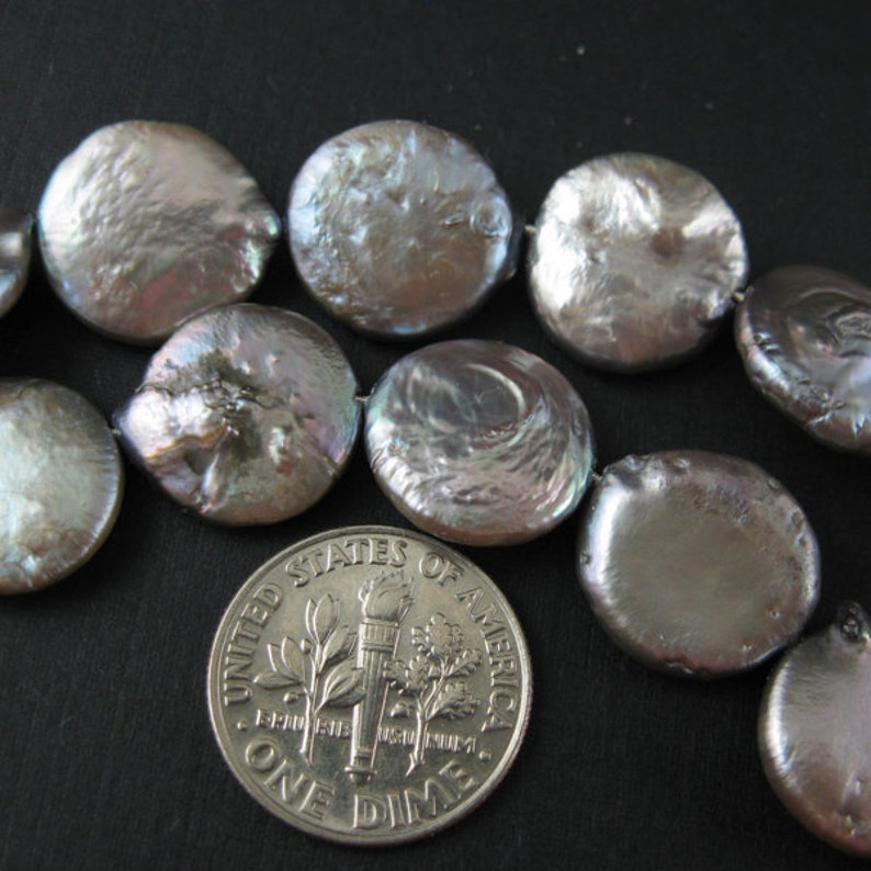 Coin Shape Grey Color full Strand - SKU: 301509 Freshwater Pearl 15 inches
