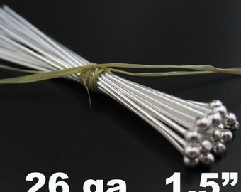 Silver Ball Pins-Fancy, Big Ball Head Pins, Sterling Silver Headpins-  ball end 26ga,1.5 inch with 2mm ball (25 pieces) SKU: 204403-2615