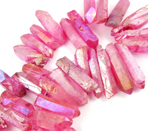 Natural Raw Titanium Crystal Spike Pendant Beads, Hot Pink Crystal
