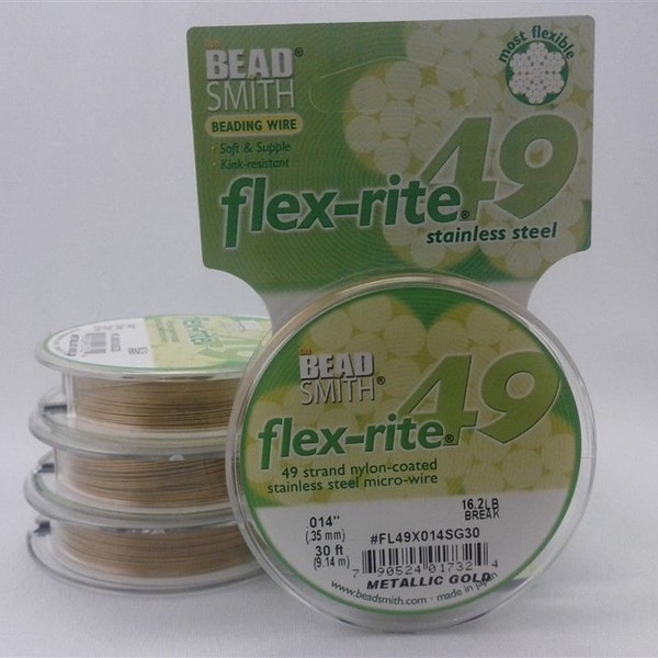 Beadsmith Flex-rite 49 Strand Beading Wire - Metallic Satin Gold - .014" 30 ft - SKU:501039-14G