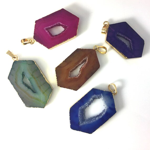 Druzy Geode Hexagon Pendant for Necklace Natural Rainbow Geode