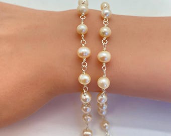 Wire Wrapped Freshwater Pearls Link Chain by the foot- Pink Pearl Rosary Chain,5-6mm-Jewelry Making Chains( 1.5 feet)