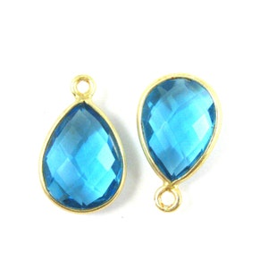 Bezel Pendant- Blue Topaz -Small Teardrop Gemstone Pendant-22K Gold plated Vermeil Bezel Gemstone Pendant-10 by 14mm-(2 pcs)-201107-BTO
