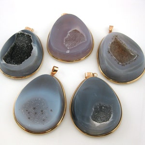 Druzy Agate Geode Pendant for Necklace-Huge Sparkling Natural Agate Teardop Shape Pendant with Gold Edging and Bail - SKU: 292228-DRK