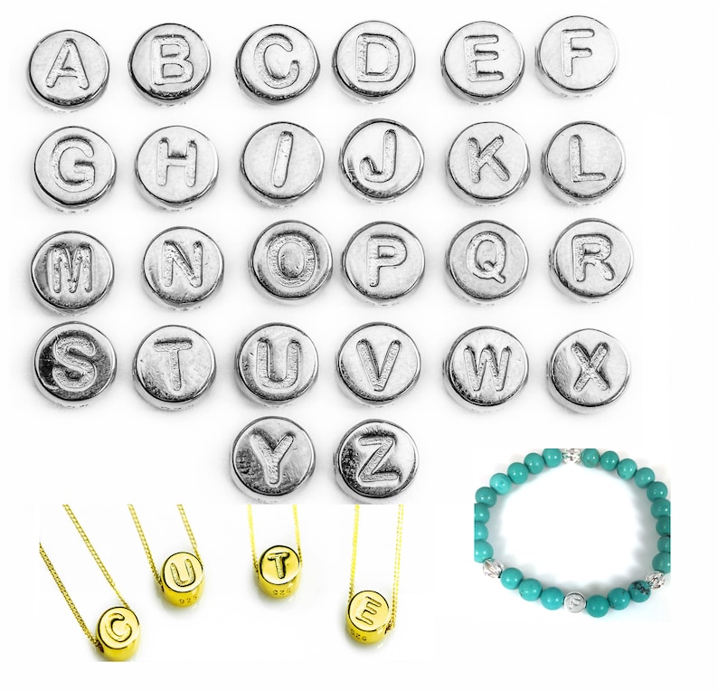 May include: Silver alphabet letter beads, each letter is a separate bead.  A turquoise bracelet with silver accents is also shown.  Three gold necklaces with letter beads are shown spelling out the word "CUT".