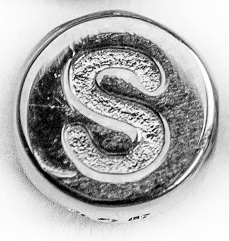 May include: A close-up of a silver-toned metal button with the letter "S" embossed on it.