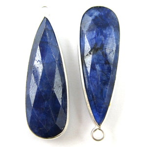 Bezel Pendant,Gemstone Pendant-Jewelry Findings-Sterling Silver Charm- Blue Sapphire -Long Teardrop Shape -34 x 11mm -2 pcs- SKU: 201113-BSH