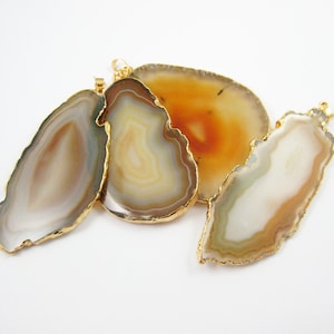 Large Sliced Geode Druzy Pendant for Necklace-Organic Oval Shape with Gold Edging and Bail-Natural Colors-Wholesale Jewelry SKU: 292069