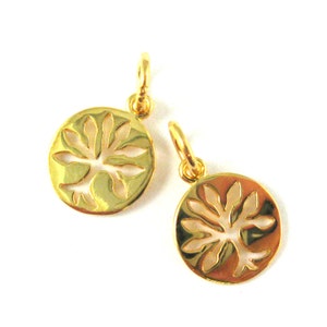 Gold plated Sterling Silver Charm - Vermeil Tree of Life Coin Charm - Gold Tree Pendant - Round Disc Tree Charm -9 mm -2 pcs-SKU: 201249-VM