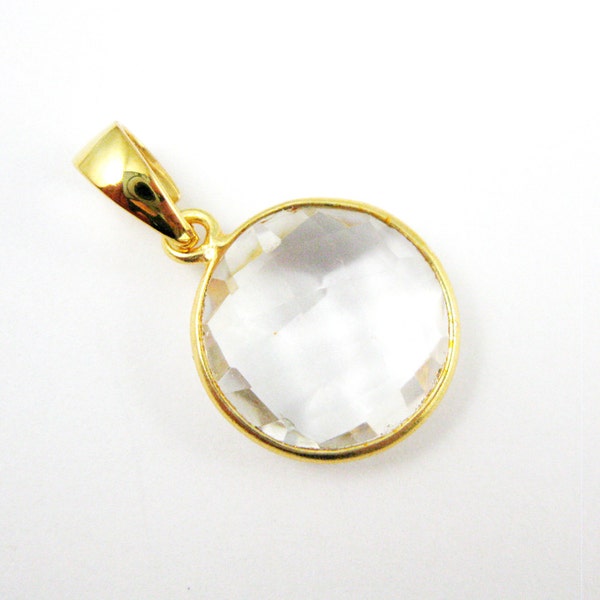 Bezel Pendant with Bail- Crystal Quartz Pendant 22K Gold plated Vermeil Bezel, Necklace Pendant ,Round Coin Shape -24mm SKU: 601102-CQR