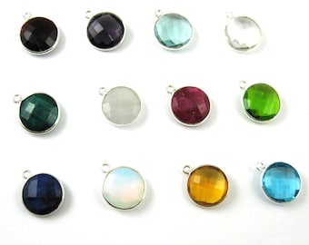 Birthstone Pendant, Gemstone Pendant-Sterling Silver Charms,Round Charm, Birthstone Charm,Bezel-Faceted Coin Shape -14mm( 2 pcs) SKU: 201111