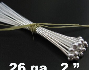 Sterling Silver Headpins, Head Pin-ball end Head Pins 26ga,2 inch  50 mm -Jewelry Making Supplies( 50 pieces ) SKU: 204403-2620