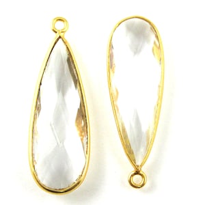 April Birthstone-Bezel Pendant,Gemstone Pendant-Vermeil-Gold Plated Gemstone Charm-Crystal-Elongated Teardrop-34x11mm-2 pcs-SKU: 201105-CQR