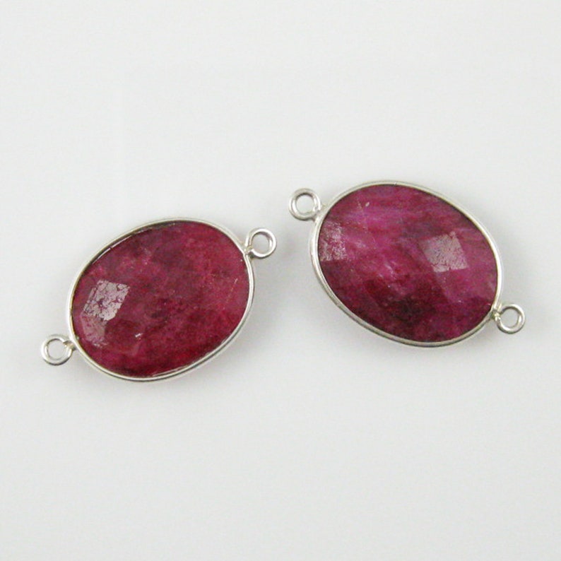 Bezel Connectors,Gemstone Connectors, Links Sterling Silver-Gemstone Connector, Faceted Oval Shape Connector-10x14mm-2 pcs SKU: 209111 Dyed Ruby