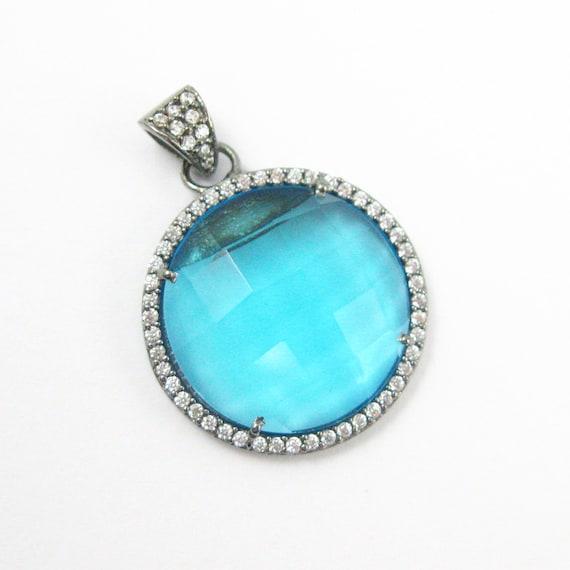 Sterling Silver Round Bezel Blue Topaz Gemstone Pave Cubic Zirconia Pendant