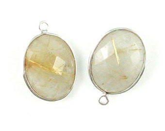 Bezel Gemstone Pendants Charms, Sterling Silver, Gold Rutilated Quartz Gem Pendants, Charms, Oval Shape - 14x18mm (2 pcs) SKU: 201112-GRQ