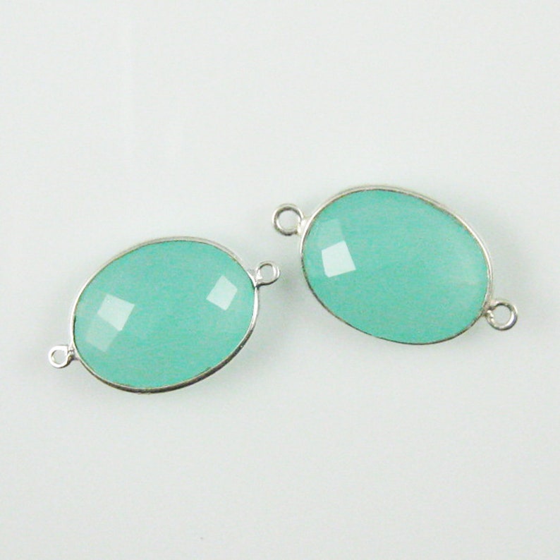 Bezel Connectors,Gemstone Connectors, Links Sterling Silver-Gemstone Connector, Faceted Oval Shape Connector-10x14mm-2 pcs SKU: 209111 Peru Chalcedony