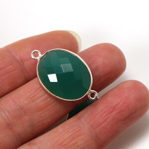 Bezel Connectors,Gemstone Connectors, Links Sterling Silver-Gemstone Connector, Faceted Oval Shape Connector-10x14mm-2 pcs SKU: 209111 Green Onyx