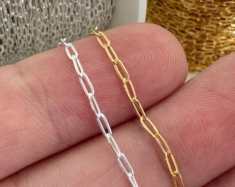 Cadena rectangular con clip de papel chapada en oro o plata esterlina - Cadena al por mayor por pie - Suministros de joyería al por mayor - Fabricación de joyas - Joyería permanente