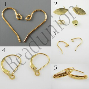 May include: Five different types of gold earring findings. The first set is a pair of simple, curved wire findings. The second set is a pair of leaf-shaped earrings. The third set is a pair of small, curved wire findings. The fourth set is a pair of leverback findings. The fifth set is a pair of hammered, curved wire findings.