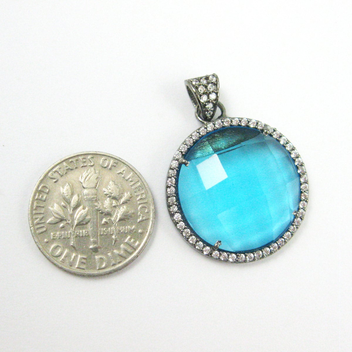 Pave Bezel Gemstone Pendant-blue Topaz-large Round Coin