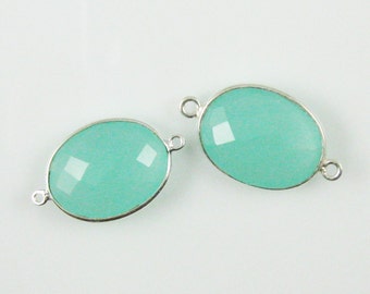 Bezel Connectors, Gemstone Connectors  - Sterling Silver - Peru Chalcedony - Oval Shape Links - 14x18mm (2pcs) - SKU: 209111-PER