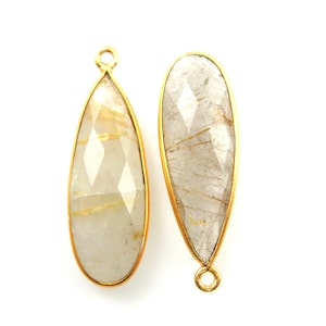 Bezel Pendant,Gemstone Pendant-Vermeil -Gold Plated Gemstone Charm Pendant-Gold Rutilated-Elongated Teardrop-34mm-(2 pcs)-SKU: 201105-GRQ