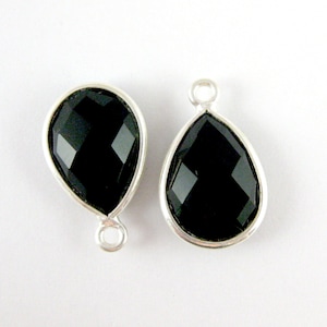 Bezel Pendant-Black Onyx -Small Teardrop Gemstone Pendant- Sterling Silver Bezel Gemstone Charm Pendant-10 by 14mm-(2 pcs)-SKU: 201117-BON