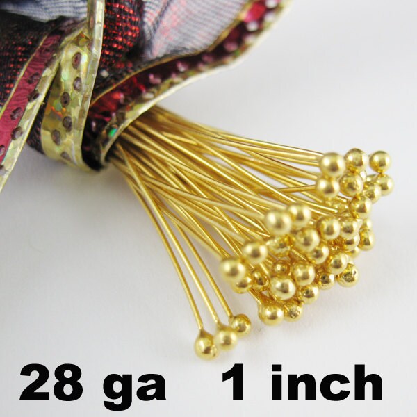 Gold Big Ball Head Pins, 24k Gold Plated over Sterling Silver Headpins-  ball end 28ga, 1 inch, 25mm (25 pieces) SKU: 204403VM-2810
