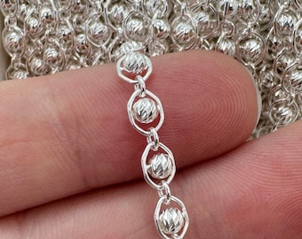 Beaded Hexagon Link Chain-925 Sterling Silver Chain-Permanent Jewelry-Spiral Bead Chain-Unfinished Bulk Chain By The Foot-Jewelry Supplies